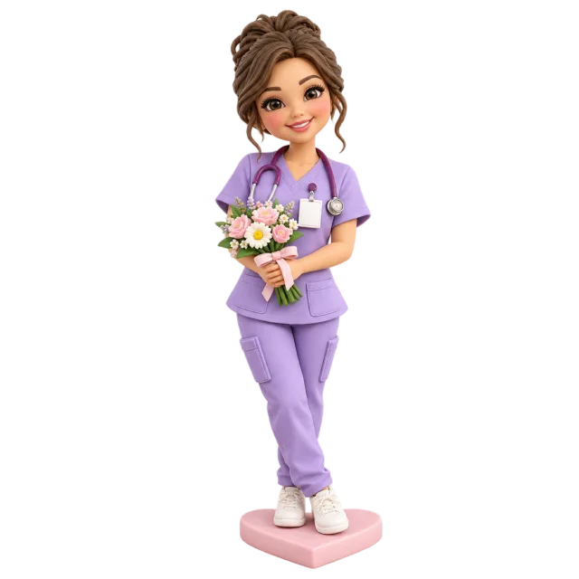 Nurse figurine wearing lavender scrubs and holding a bouquet