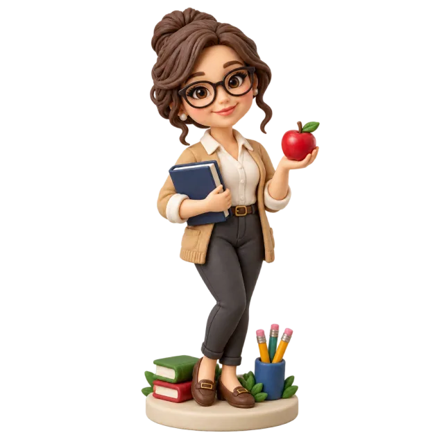 Teacher figurine with glasses holding books and a red apple