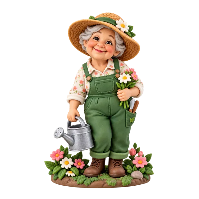 Gardener figurine in green overalls and a sunhat with flowers and a watering can