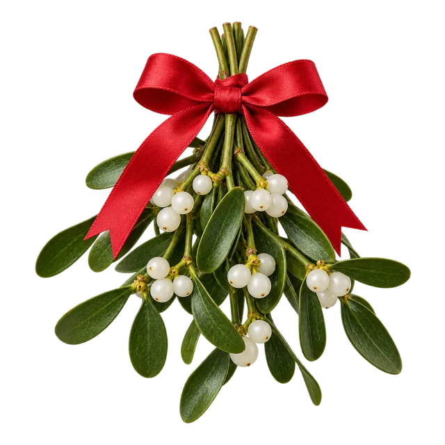 A hanging bunch of green mistletoe leaves and white berries tied with a red bow
