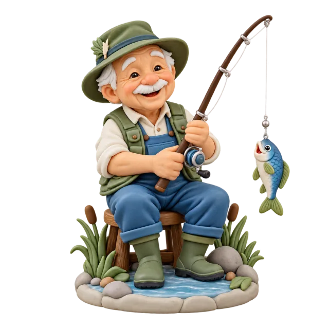 Older fisher figurine sitting with a fishing rod and a small fish