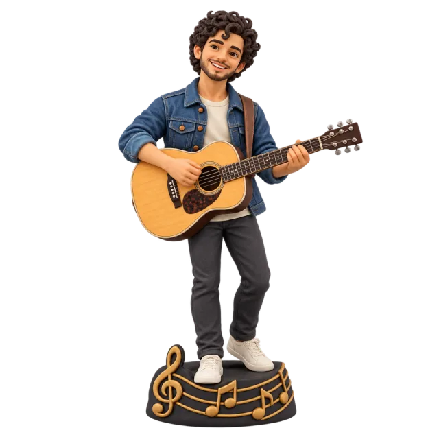 Guitar player figurine standing on a musical-note base