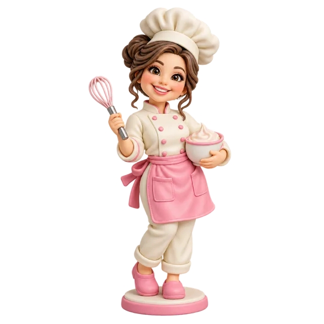 Baker figurine with a white chef hat and pink apron holding a whisk and bowl