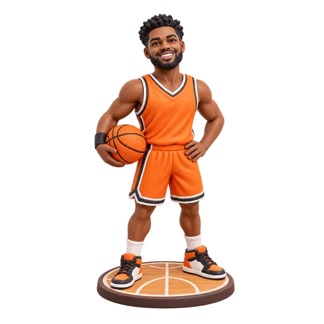 Basketball player figurine in an orange uniform holding a basketball