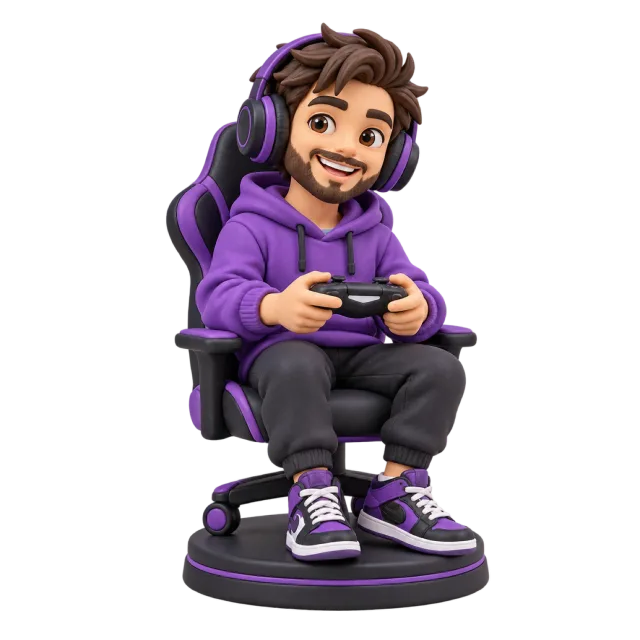 Gamer figurine seated in a purple gaming chair with a headset and controller