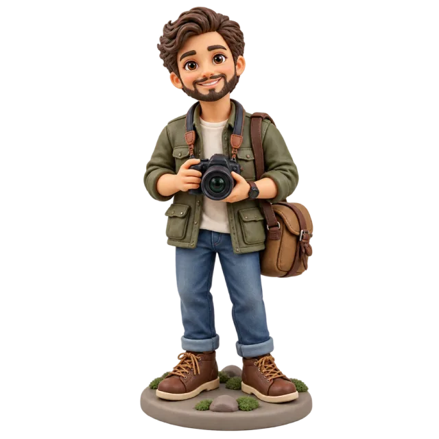 Photographer figurine holding a camera with a shoulder bag at one side