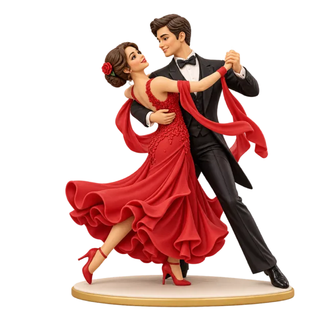 Dancing couple figurines wearing a flowing red dress and a black suit
