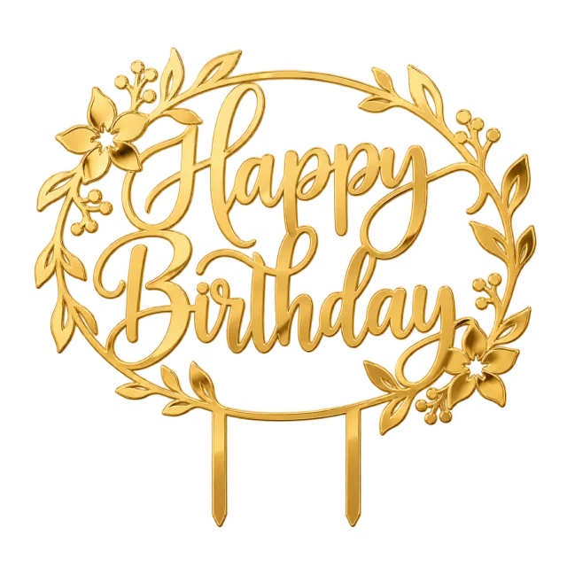 Gold-style Happy Birthday script topper inside a floral circular frame
