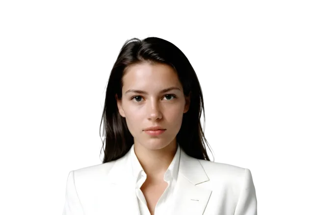 Front-facing dark-haired woman wearing a white blazer on a transparent background
