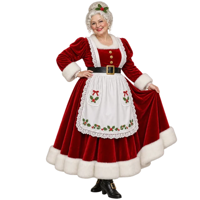 Mrs Claus wearing a red fur-trimmed dress, embroidered white apron and glasses