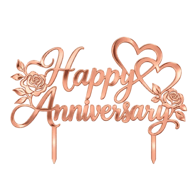 Rose gold-style Happy Anniversary script topper with hearts and flowers