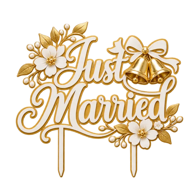 Gold-style Just Married script topper with wedding bells, flowers and a bow