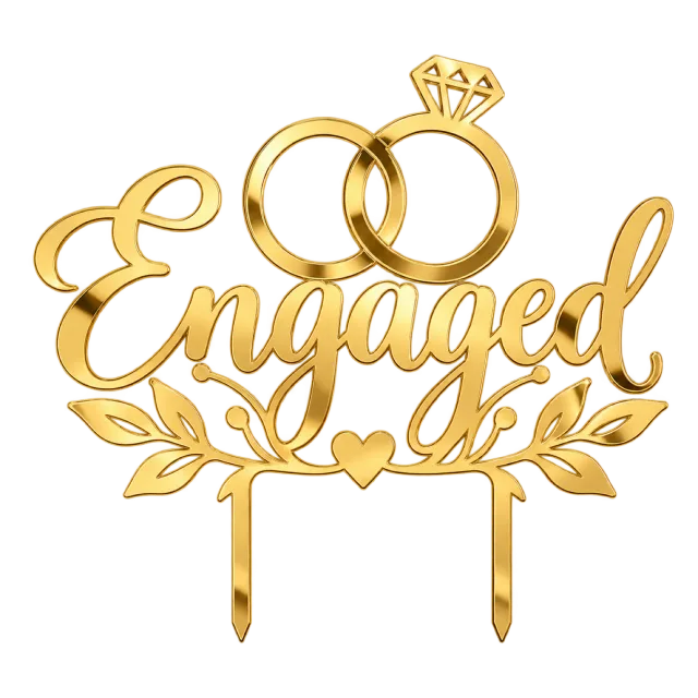 Gold-style Engaged script topper with interlocking rings, leaves and a heart