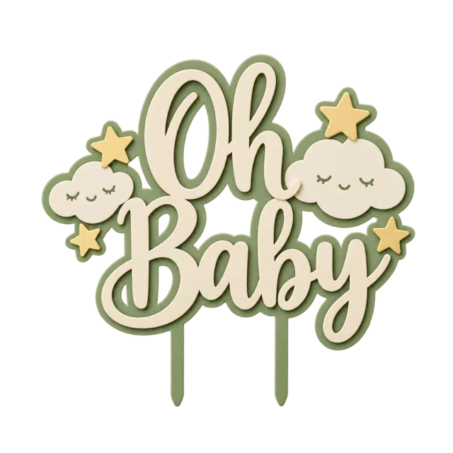 Sage green Oh Baby script topper with smiling clouds and gold stars