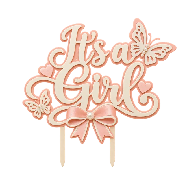 Pink It's a Girl script topper with a butterfly and ribbon bow