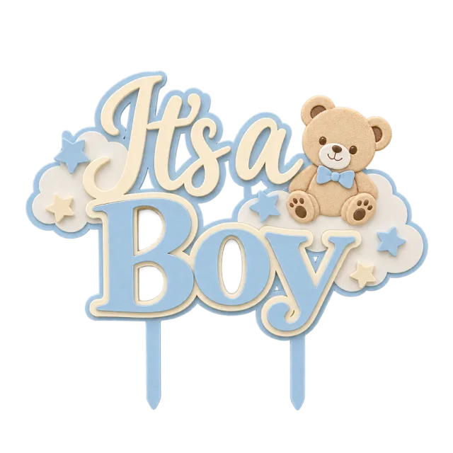 Pale blue It's a Boy script topper with a teddy bear, clouds and stars