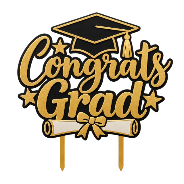 Black and gold-style Congrats Grad script topper with a graduation cap and diploma