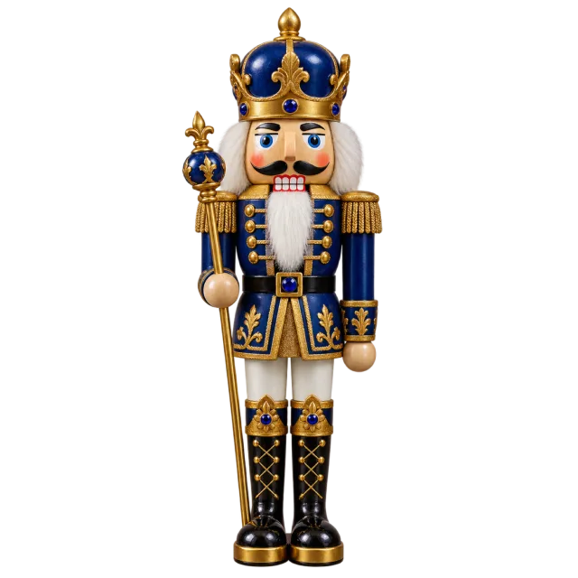 A wooden nutcracker king wearing a blue uniform and ornate gold crown