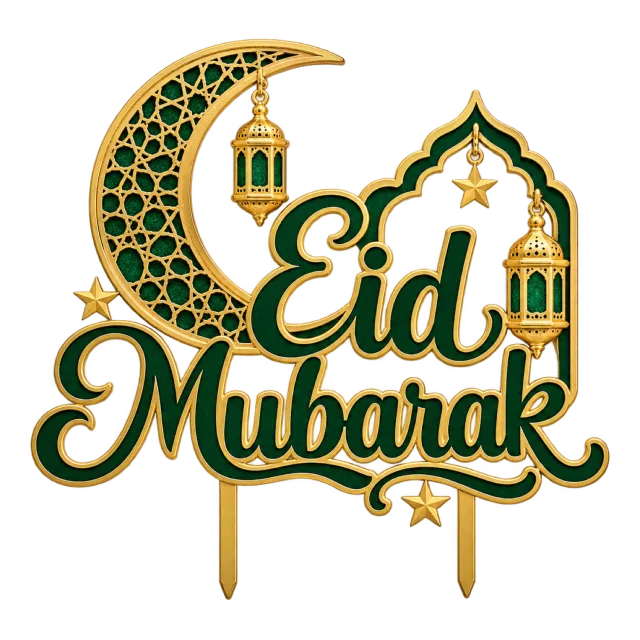 Green and gold-style Eid Mubarak script topper with a crescent, lanterns and stars