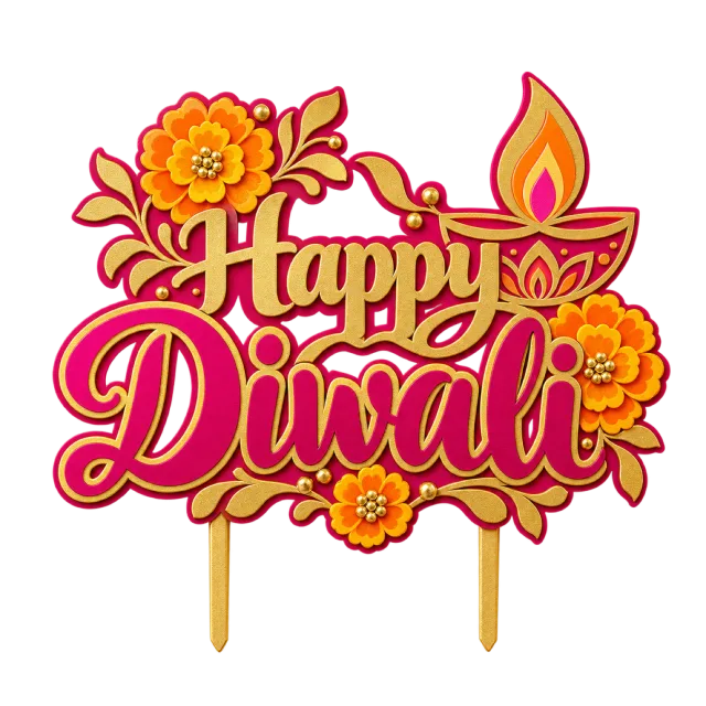 Pink and gold-style Happy Diwali script topper with an oil lamp and flowers