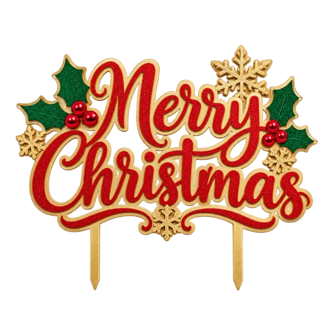 Red and gold-style Merry Christmas script topper with holly and a snowflake