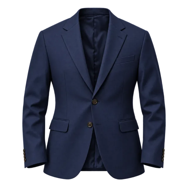 Navy tailored blazer with notched lapels, two front buttons and flap pockets