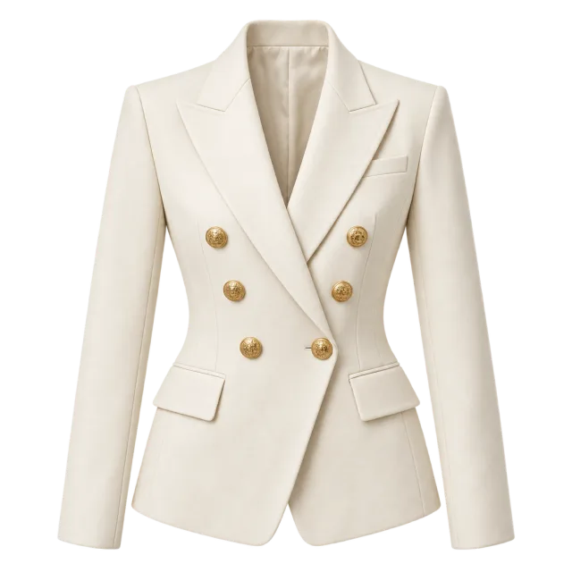 Cream double-breasted blazer with gold-colored buttons and peaked lapels