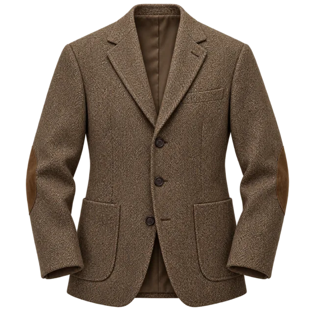 Brown textured blazer with notched lapels and patch pockets