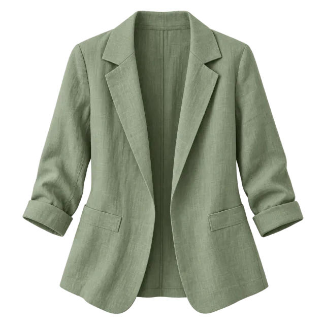 Sage green open-front blazer with rolled sleeves and a textured finish