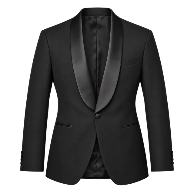 Black tuxedo jacket with glossy shawl lapels and a single-button front