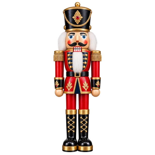 A nutcracker soldier wearing a red jacket, black hat and gold details