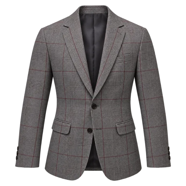Grey checked blazer with notched lapels and a single-button front