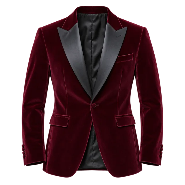 Burgundy velvet-style blazer with glossy black lapels