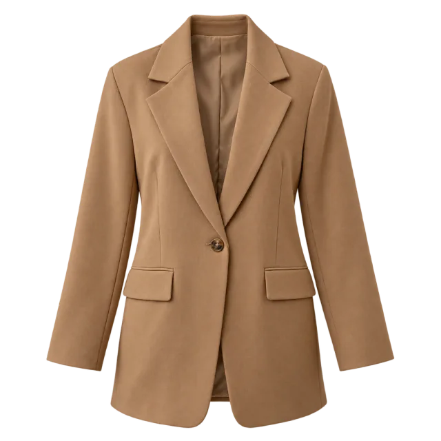 Camel longline blazer with notched lapels and flap pockets