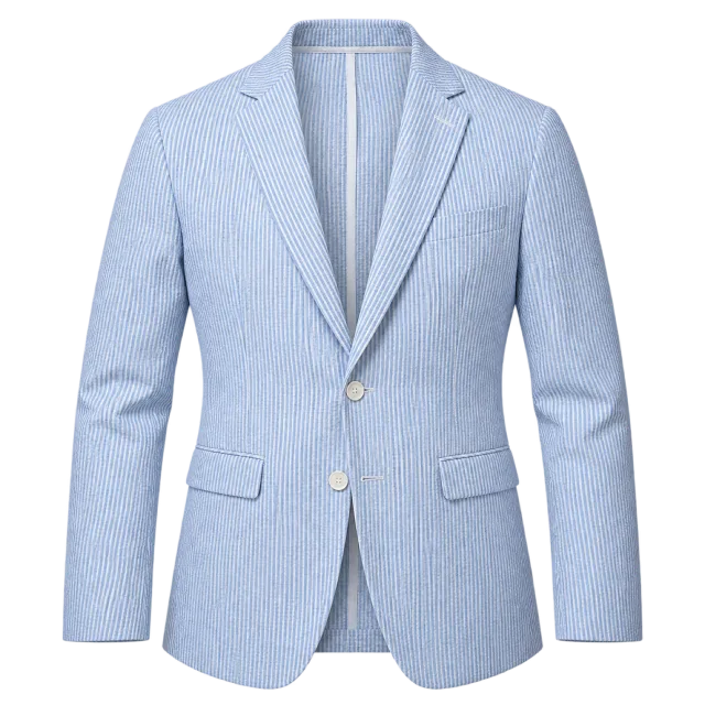 Pale blue finely textured blazer with notched lapels and light buttons