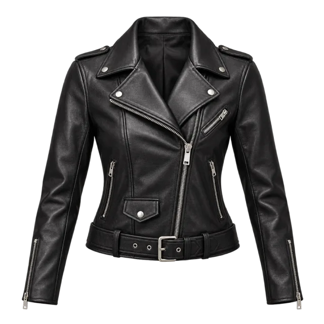 Black biker jacket with an asymmetric zip, lapels and a waist belt