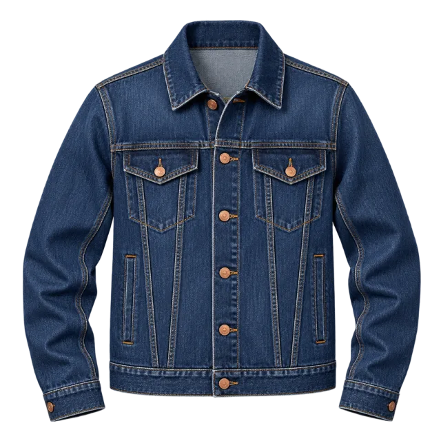 Indigo denim jacket with metal buttons, contrast stitching and chest pockets