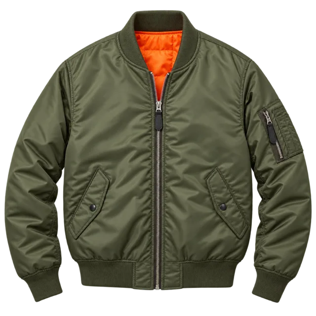 Olive bomber jacket with a zip front, ribbed trim and orange lining