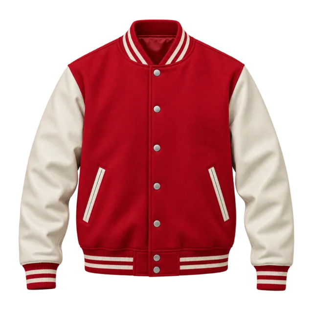 Red varsity jacket with cream sleeves and striped ribbed trim