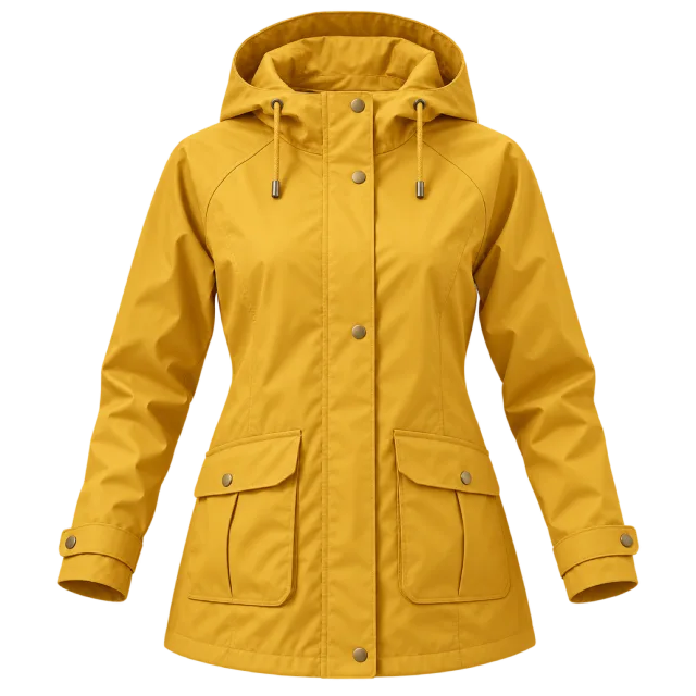 Yellow hooded rain jacket with drawstrings, front closure and flap pockets