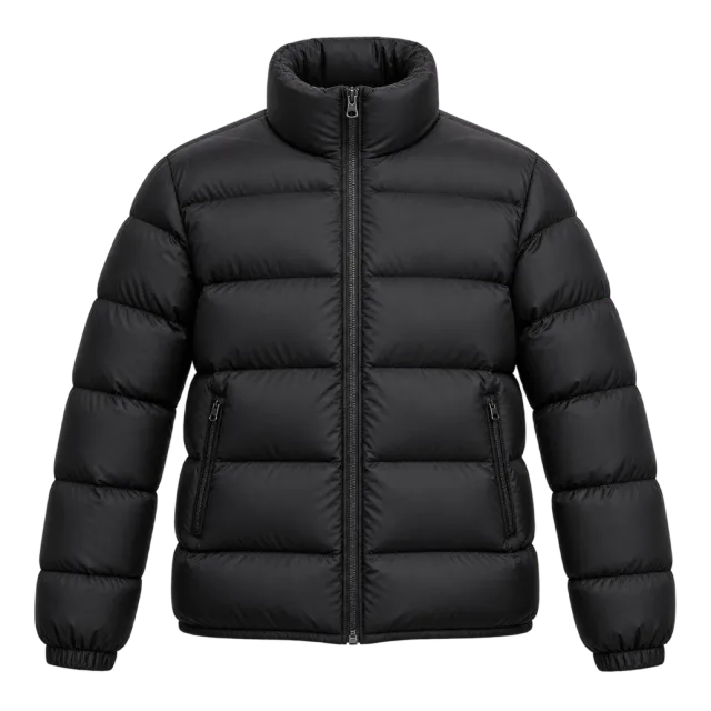 Black padded puffer jacket with horizontal quilting and a stand collar