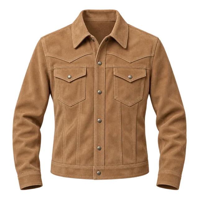 Tan suede-style jacket with a pointed collar and flap chest pockets