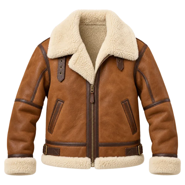 Brown jacket with thick cream fleece-style collar, cuffs and hem