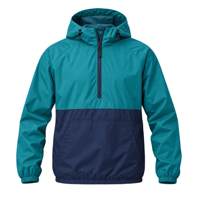 Teal and navy hooded windbreaker with a short front zip