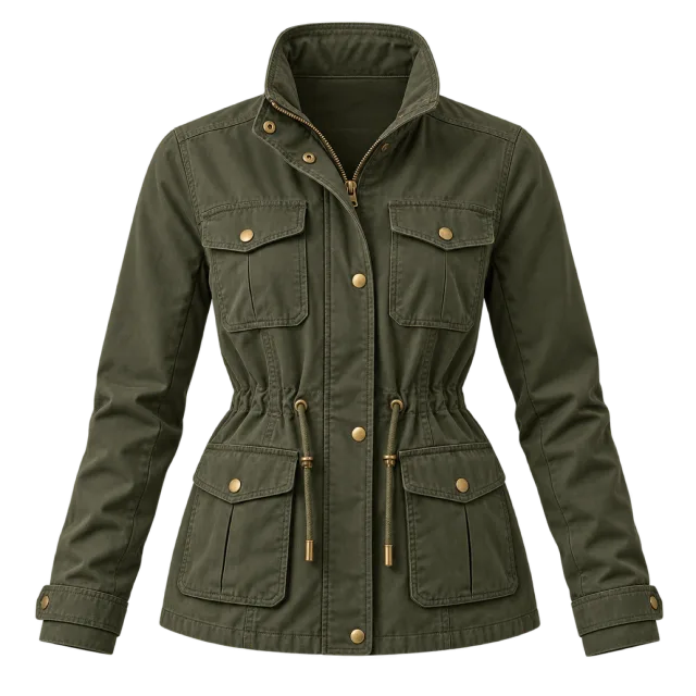 Dark green field jacket with a stand collar, waist shaping and multiple pockets