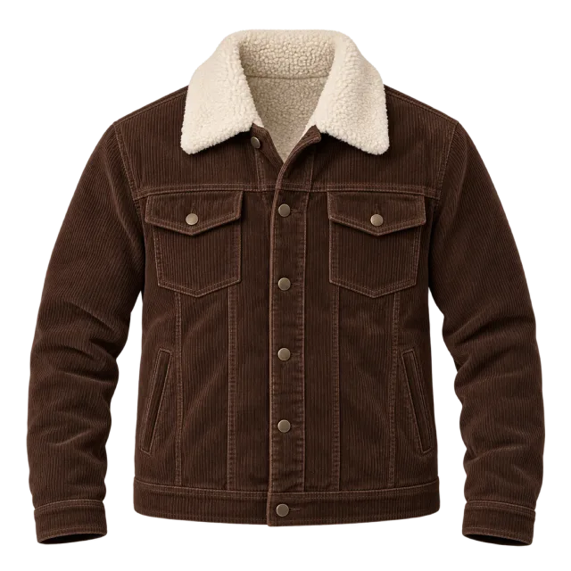 Brown corduroy-style jacket with a cream collar and front pockets