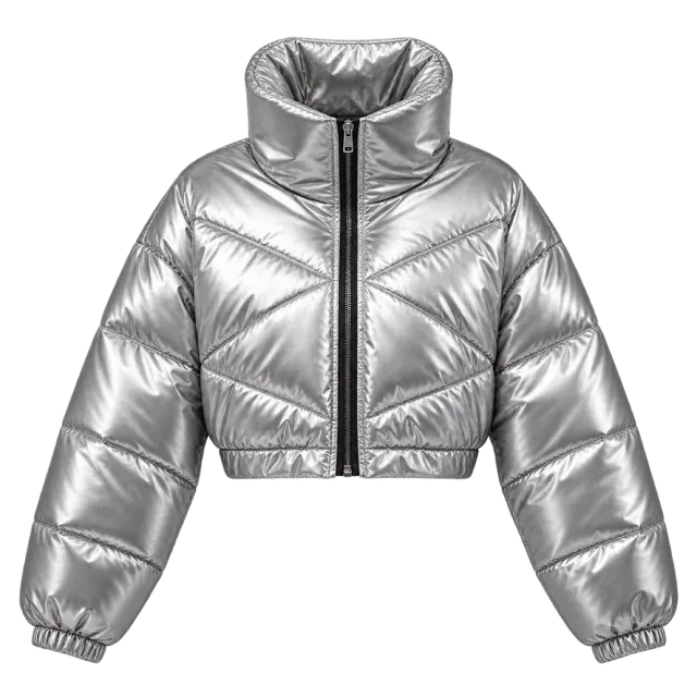 Cropped silver metallic puffer jacket with a zip front and stand collar