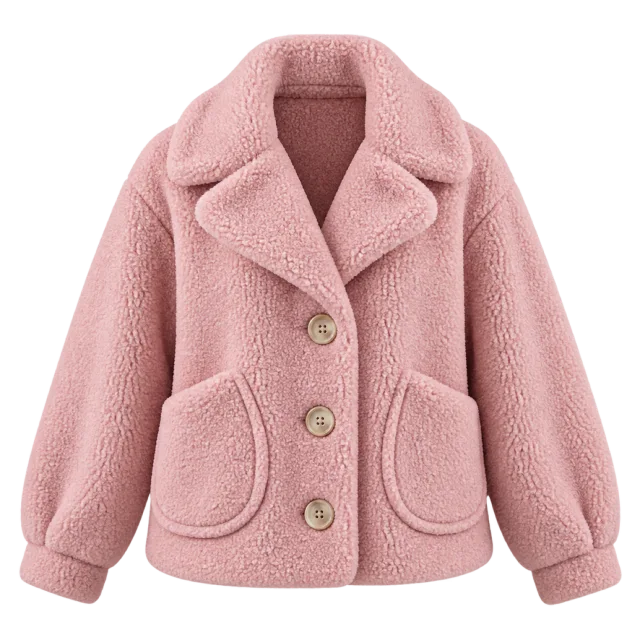 Pink teddy-texture jacket with rounded lapels, large buttons and curved pockets