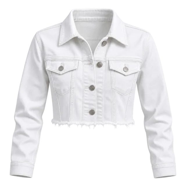 White cropped denim jacket with chest pockets and a frayed hem