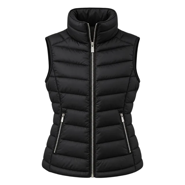 Black sleeveless quilted vest with a stand collar and zip front